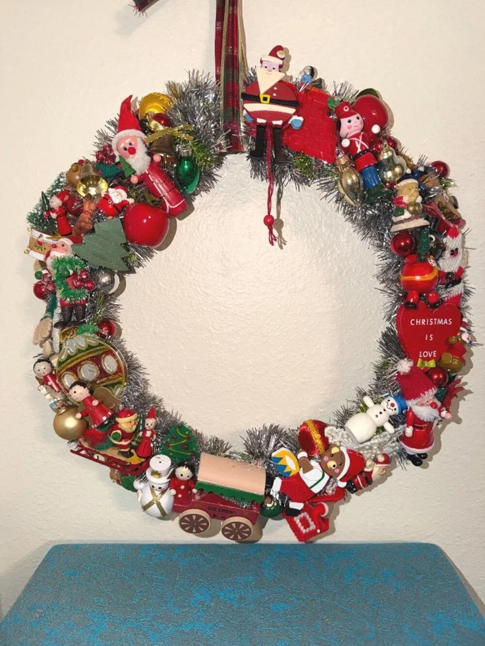 Christmas Wreath handmade w/ Vintage Wooden, Porcelain and Stitched Ornaments